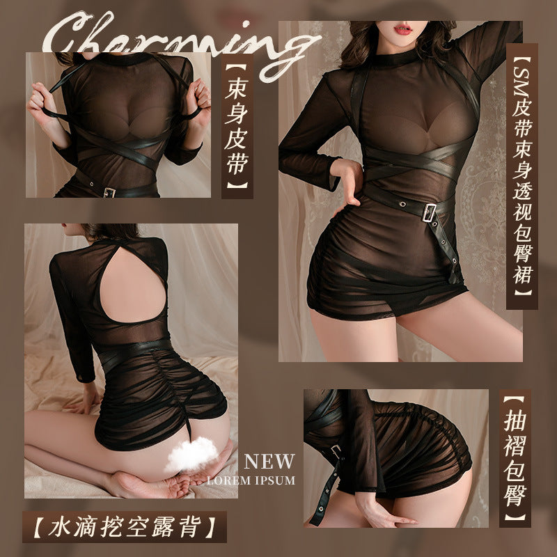 Leather Sheer Mesh Bodycon Dress 霏慕