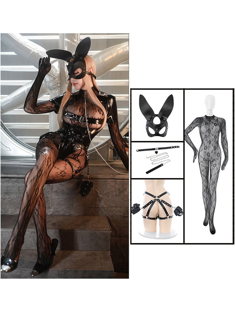 Latex Open Cup Bunny Outfit&sheer mesh bodysuit. - NiteBond