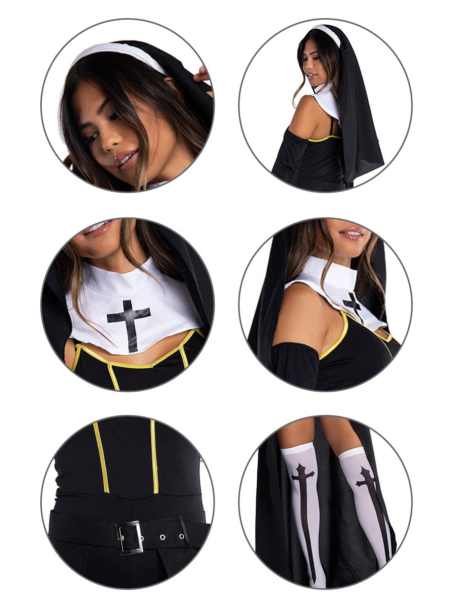 Nun Cosplay Costume Set–with Open Skirt & Stockings - NiteBond